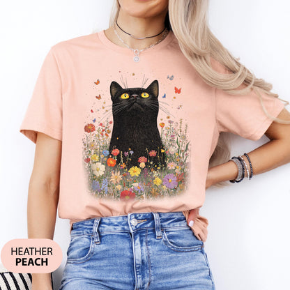 Vintage Black Cat Floral T-shirt: Boho Wildflower Graphic