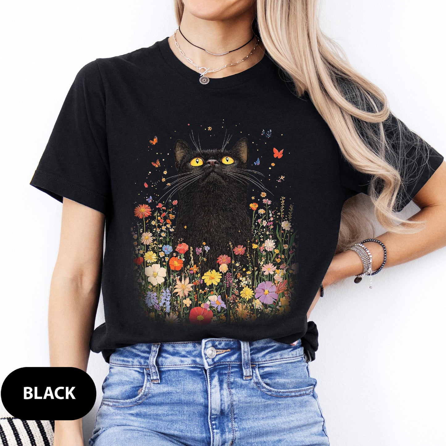 Vintage Black Cat Floral T-shirt: Boho Wildflower Graphic