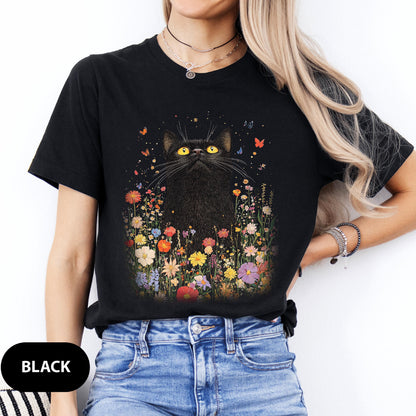Vintage Black Cat Floral T-shirt: Boho Wildflower Graphic