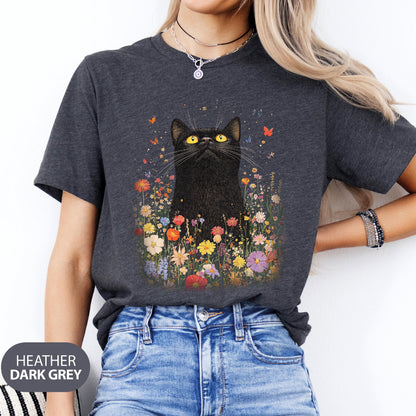 Vintage Black Cat Floral T-shirt: Boho Wildflower Graphic