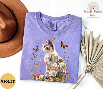 Floral Cat Shirt, Cat Lover Gift, Wildflowers Cat Shirt, Cottagecore Cat Shirt – Whimsical Floral Cat Tee for Nature Lovers, Flower Cat.