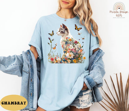 Floral Cat Shirt, Cat Lover Gift, Wildflowers Cat Shirt, Cottagecore Cat Shirt – Whimsical Floral Cat Tee for Nature Lovers, Flower Cat.