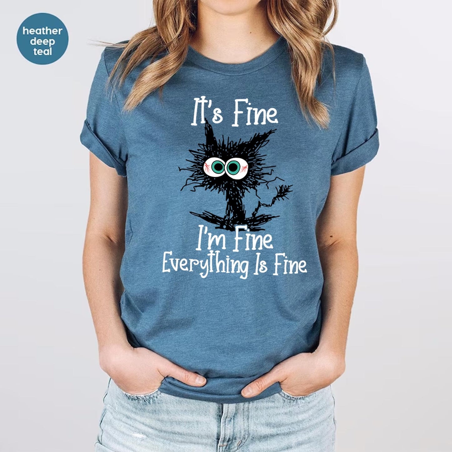 It's Fine I'm Fine Everything Is Fine Shirt, Cute Black Cat Tee, Sarcasm T-Shirt, Everything Is Fine, Funny Cat Tee, Funny Gift Cat Lover