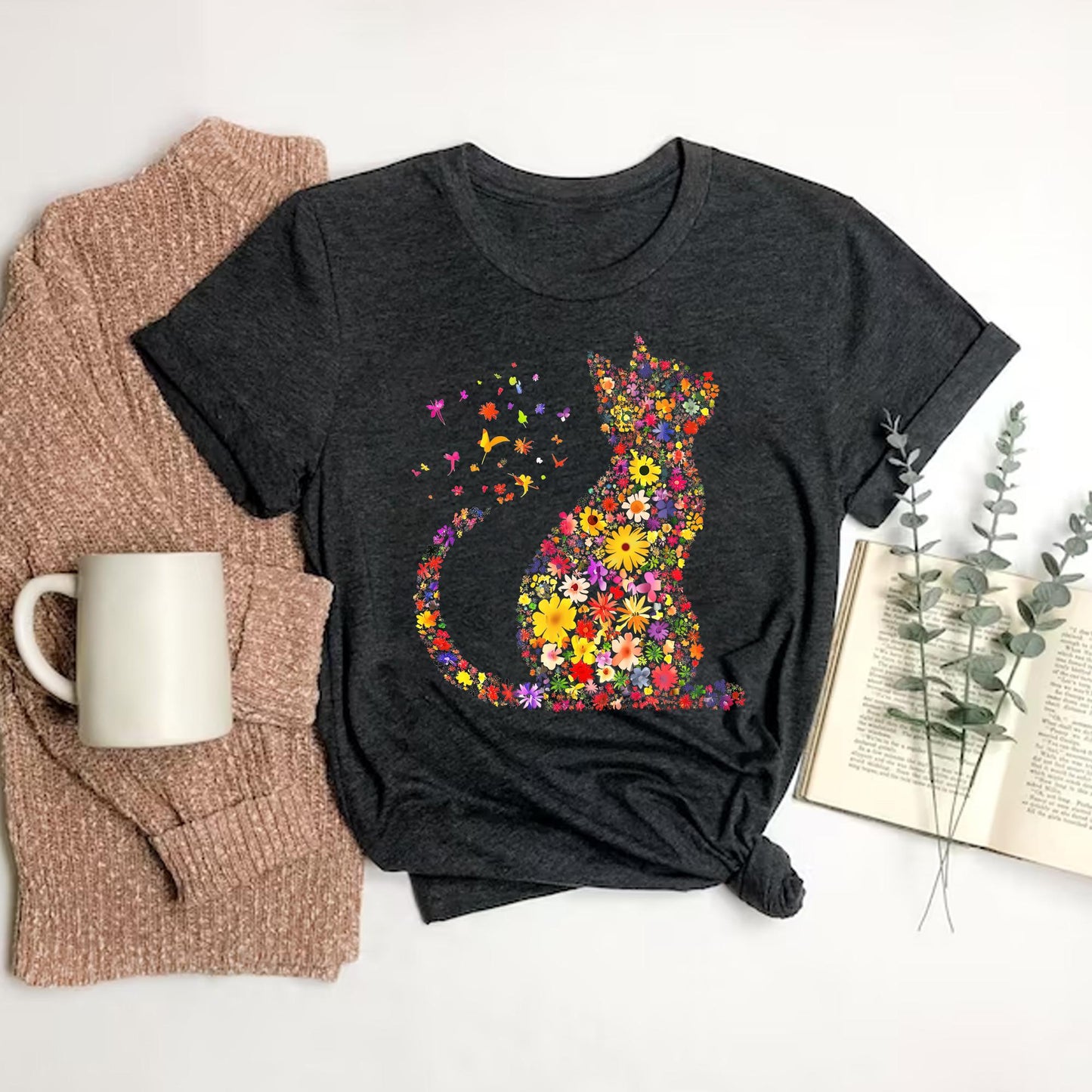 Cat Mom Shirt, Floral Kitty Graphic Tee, Feline Lover Gift