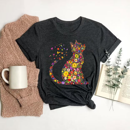 Cat Mom Shirt, Floral Kitty Graphic Tee, Feline Lover Gift