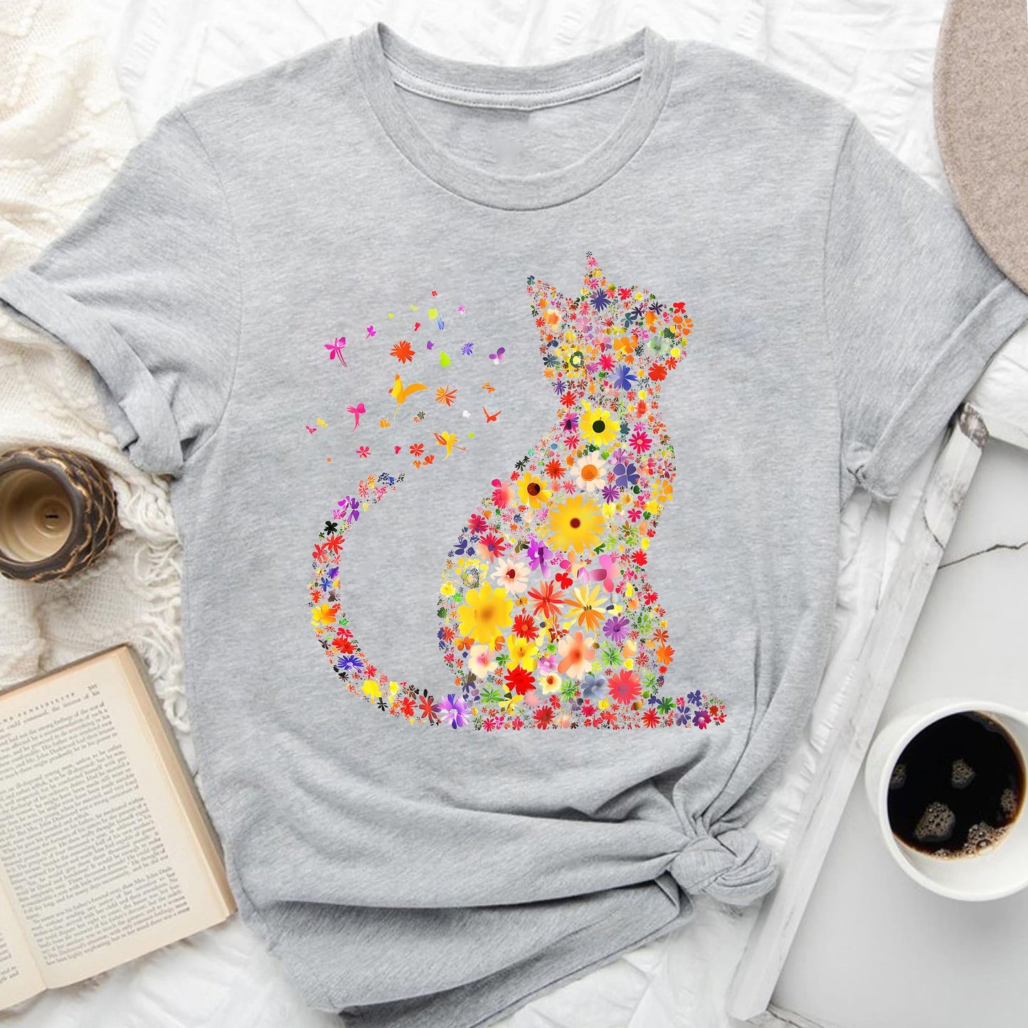 Cat Mom Shirt, Floral Kitty Graphic Tee, Feline Lover Gift
