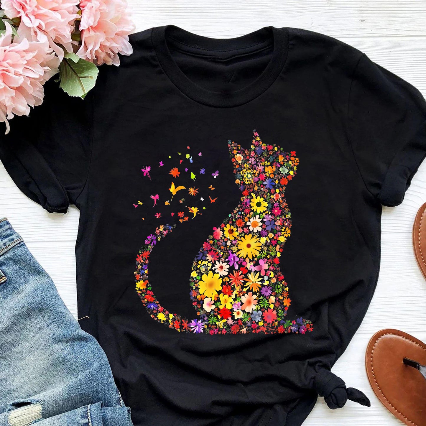 Cat Mom Shirt, Floral Kitty Graphic Tee, Feline Lover Gift