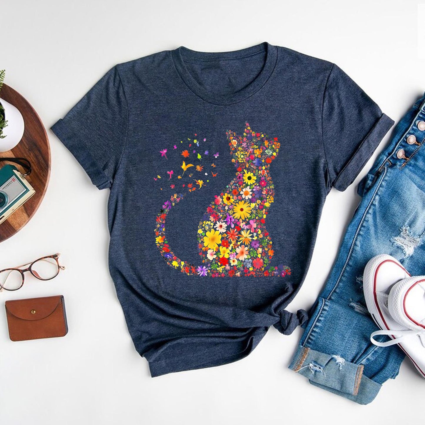 Cat Mom Shirt, Floral Kitty Graphic Tee, Feline Lover Gift