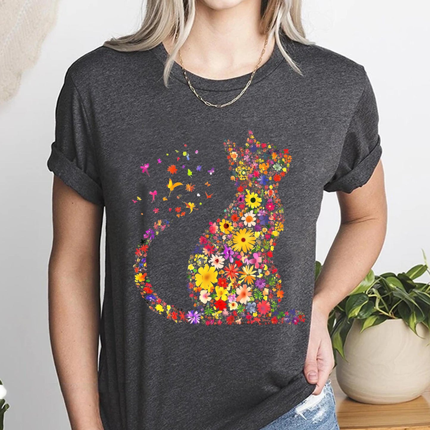 Cat Mom Shirt, Floral Kitty Graphic Tee, Feline Lover Gift