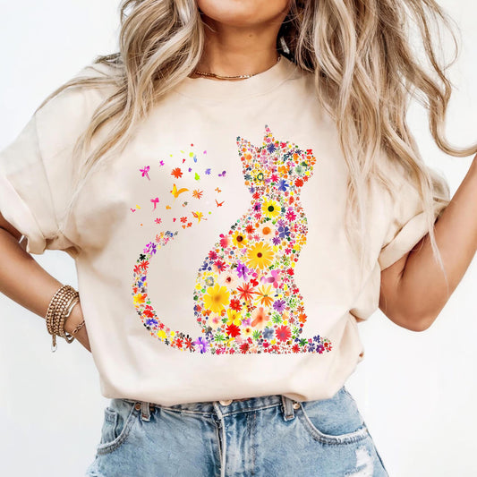 Cat Mom Shirt, Floral Kitty Graphic Tee, Feline Lover Gift