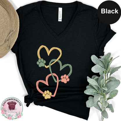 Pet Love Heart Art Vneck Shirt, Dog & Cat Paw Heart VNeck TShirt
