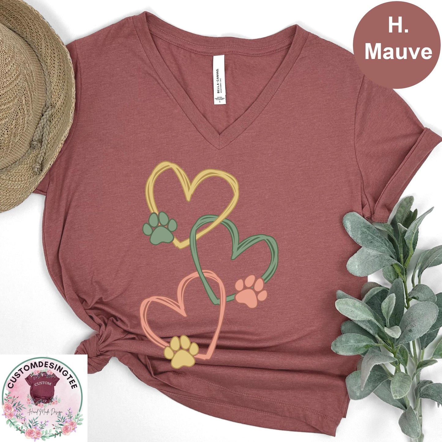 Pet Love Heart Art Vneck Shirt, Dog & Cat Paw Heart VNeck TShirt