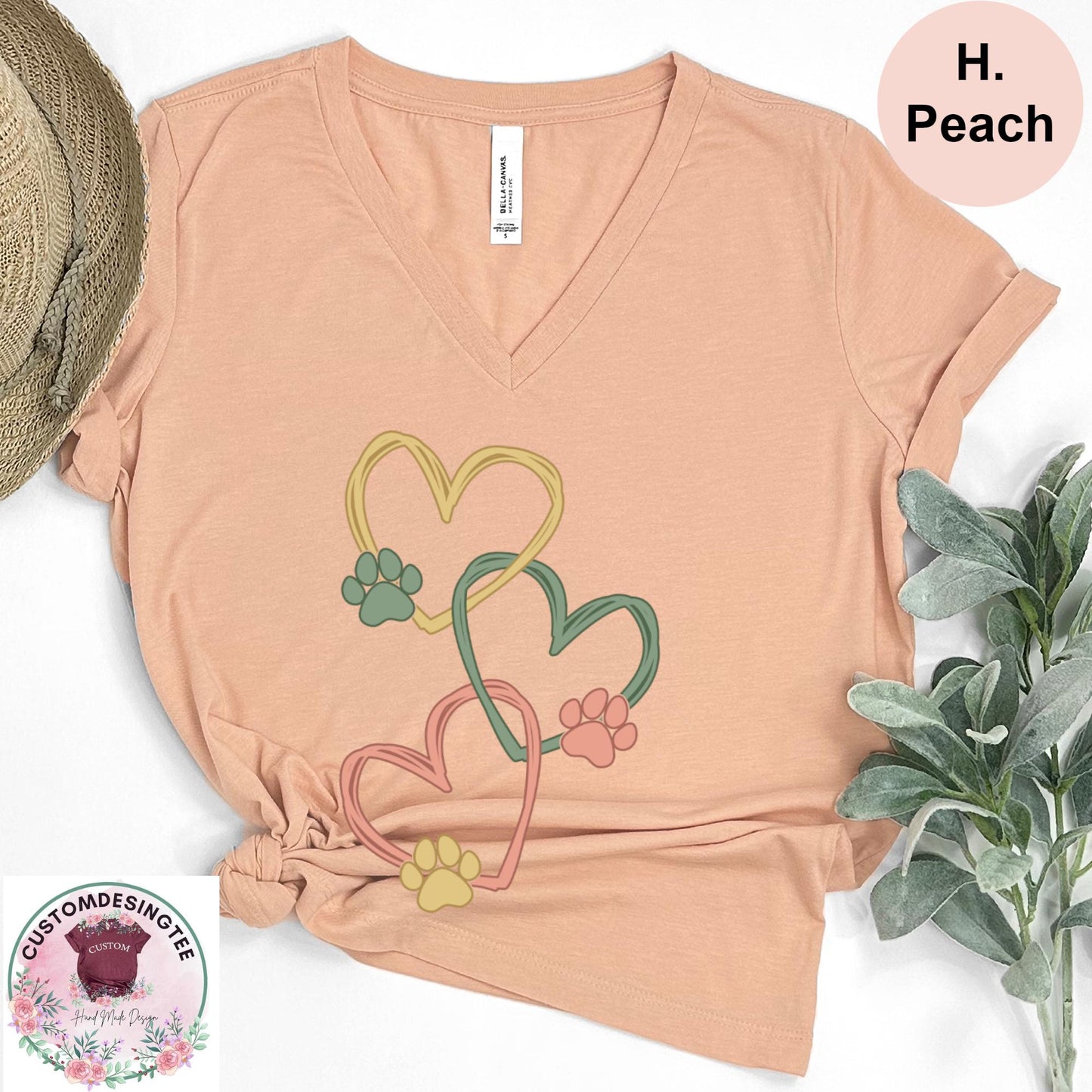 Pet Love Heart Art Vneck Shirt, Dog & Cat Paw Heart VNeck TShirt