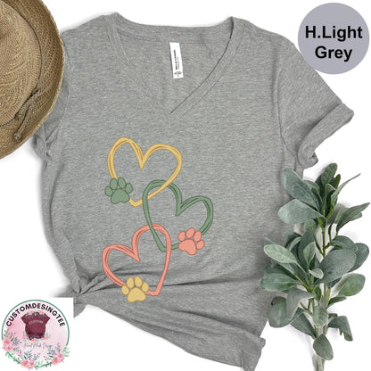 Pet Love Heart Art Vneck Shirt, Dog & Cat Paw Heart VNeck TShirt