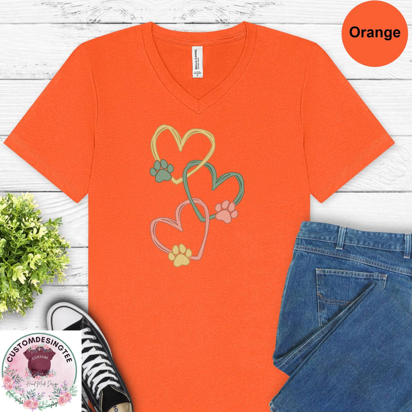 Pet Love Heart Art Vneck Shirt, Dog & Cat Paw Heart VNeck TShirt