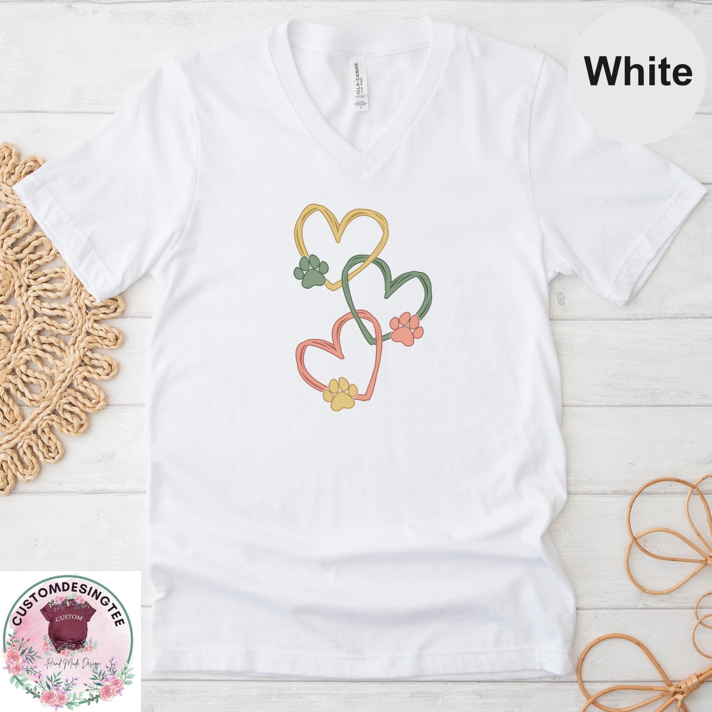 Pet Love Heart Art Vneck Shirt, Dog & Cat Paw Heart VNeck TShirt