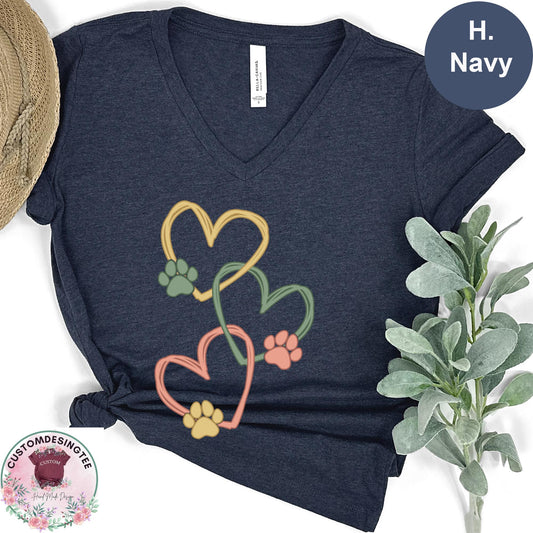 Pet Love Heart Art Vneck Shirt, Dog & Cat Paw Heart VNeck TShirt