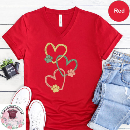 Pet Love Heart Art Vneck Shirt, Dog & Cat Paw Heart VNeck TShirt
