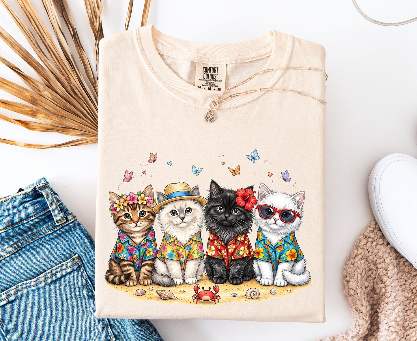 Comfort Colors Summer Cat Shirt Beach Cat Lover Shirt For Women Youth Kids Cute Cat Tee Vacation Tropical Cat Shirt