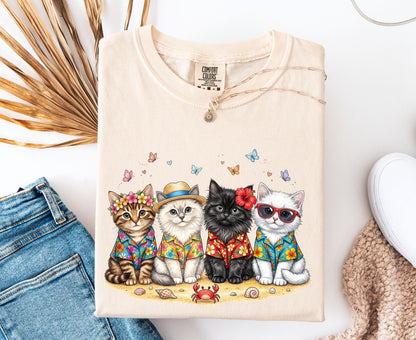 Comfort Colors Summer Cat Shirt Beach Cat Lover Shirt For Women Youth Kids Cute Cat Tee Vacation Tropical Cat Shirt