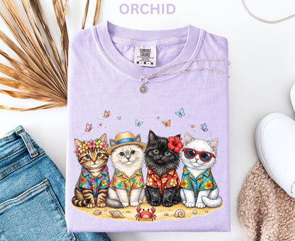 Comfort Colors Summer Cat Shirt Beach Cat Lover Shirt For Women Youth Kids Cute Cat Tee Vacation Tropical Cat Shirt
