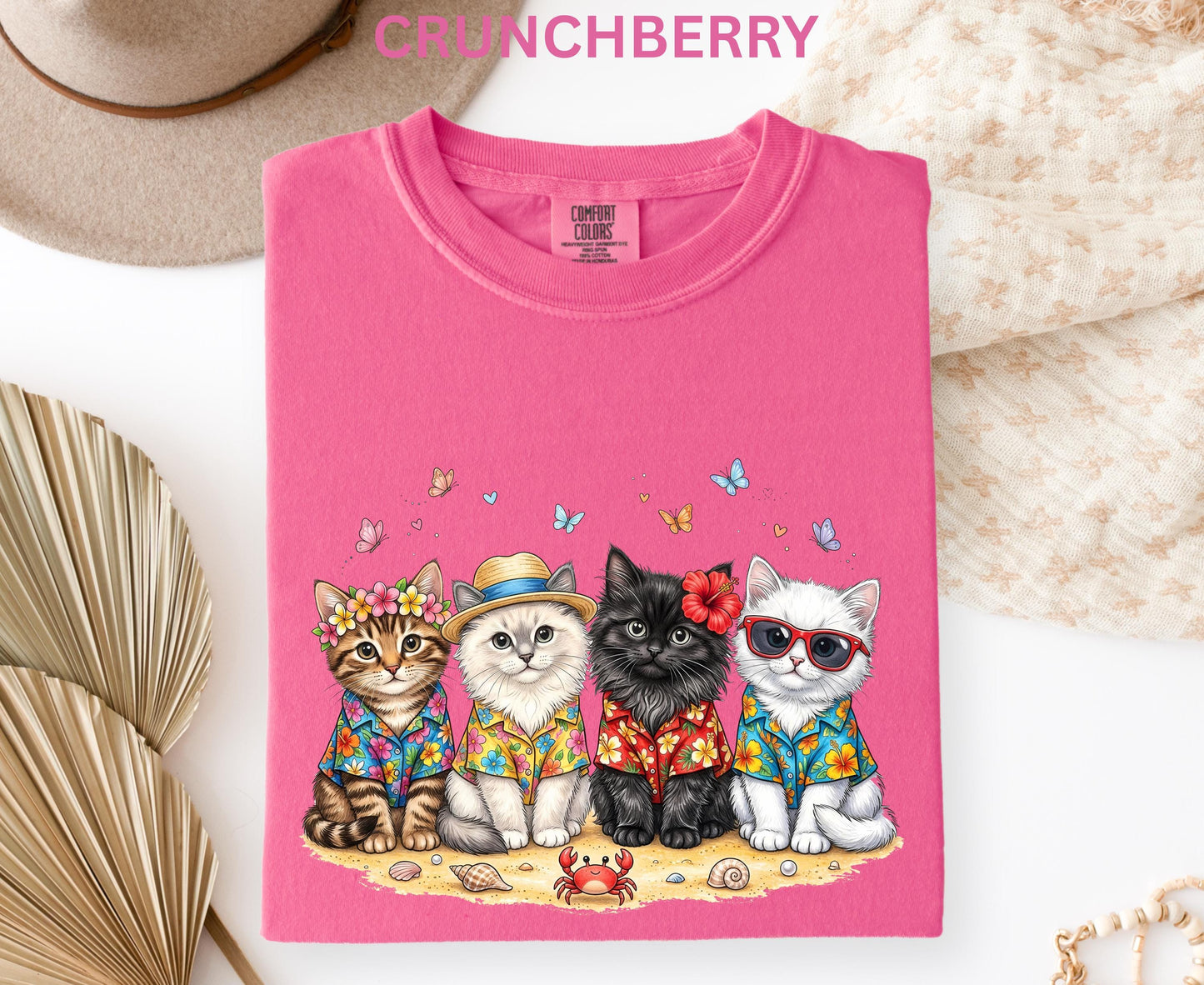 Comfort Colors Summer Cat Shirt Beach Cat Lover Shirt For Women Youth Kids Cute Cat Tee Vacation Tropical Cat Shirt