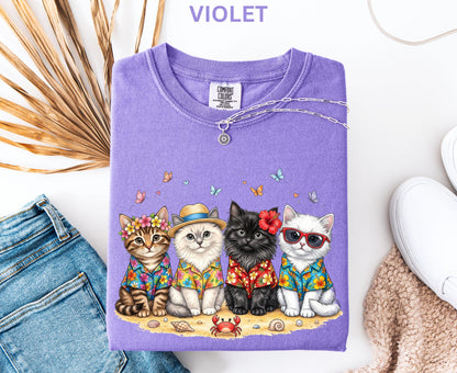 Comfort Colors Summer Cat Shirt Beach Cat Lover Shirt For Women Youth Kids Cute Cat Tee Vacation Tropical Cat Shirt