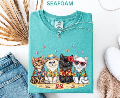 Comfort Colors Summer Cat Shirt Beach Cat Lover Shirt For Women Youth Kids Cute Cat Tee Vacation Tropical Cat Shirt