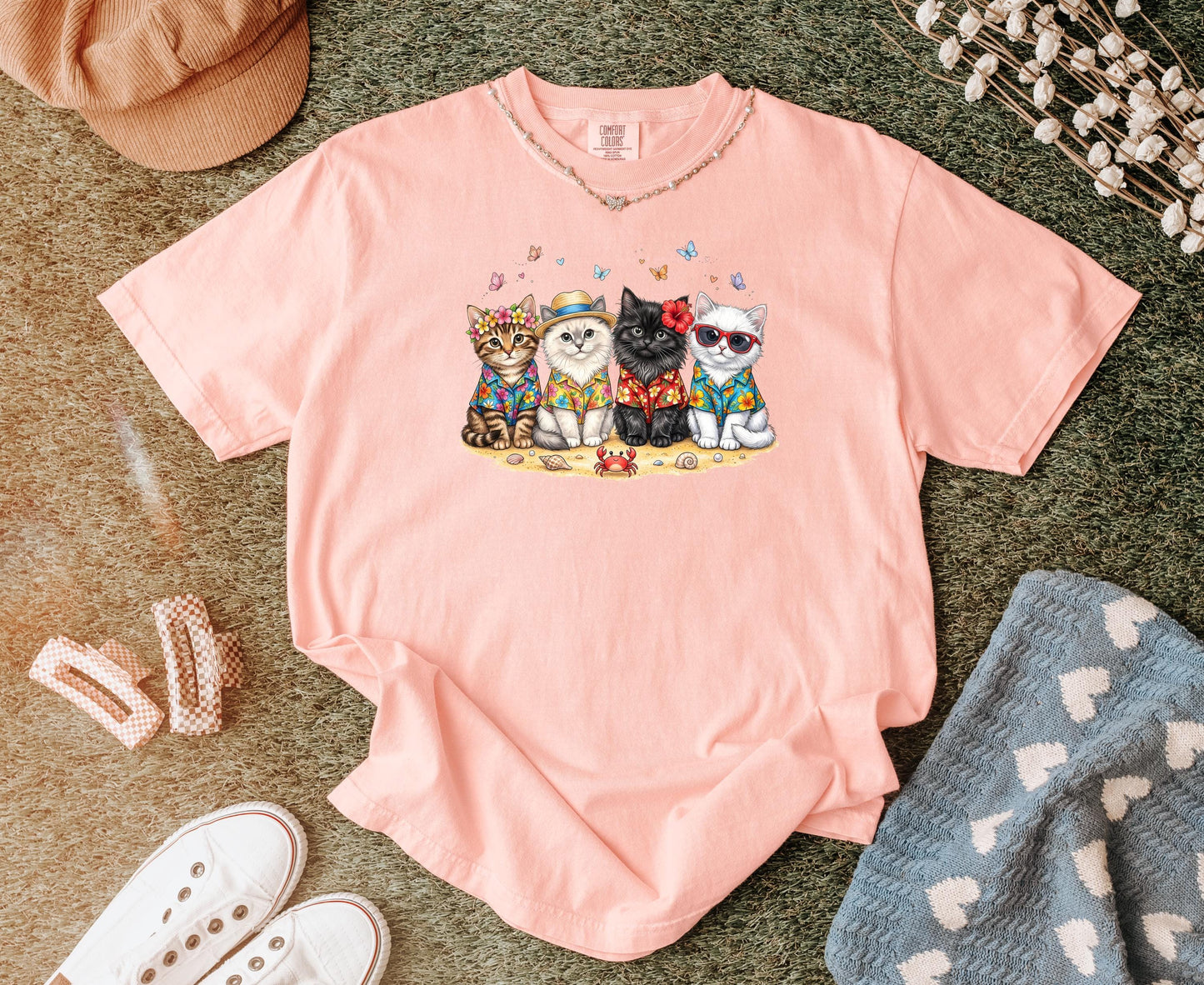 Comfort Colors Summer Cat Shirt Beach Cat Lover Shirt For Women Youth Kids Cute Cat Tee Vacation Tropical Cat Shirt