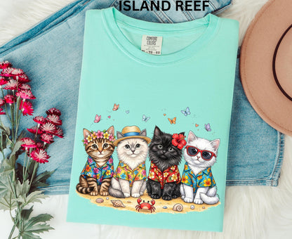 Comfort Colors Summer Cat Shirt Beach Cat Lover Shirt For Women Youth Kids Cute Cat Tee Vacation Tropical Cat Shirt