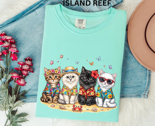 Comfort Colors Summer Cat Shirt Beach Cat Lover Shirt For Women Youth Kids Cute Cat Tee Vacation Tropical Cat Shirt