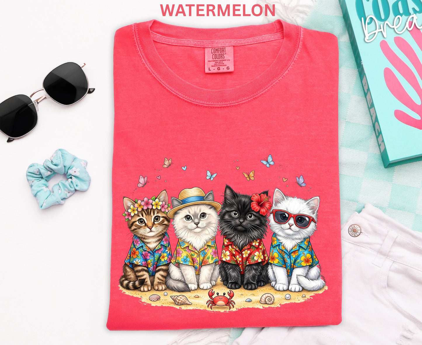 Comfort Colors Summer Cat Shirt Beach Cat Lover Shirt For Women Youth Kids Cute Cat Tee Vacation Tropical Cat Shirt