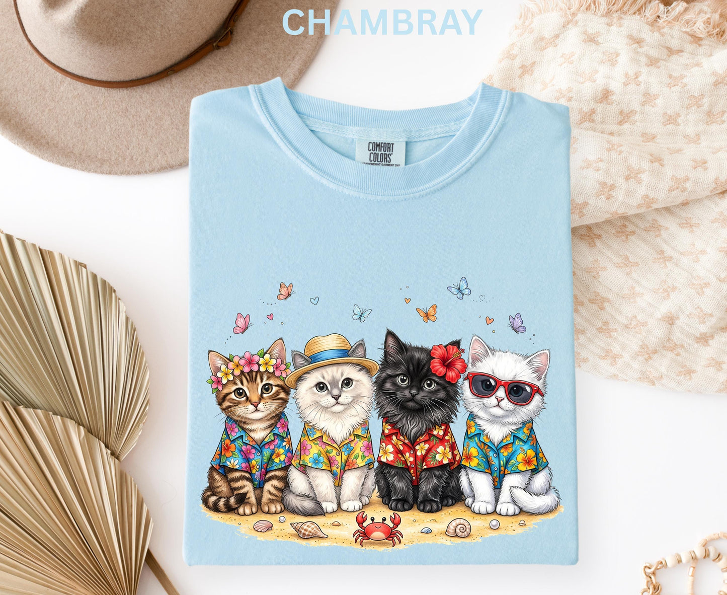 Comfort Colors Summer Cat Shirt Beach Cat Lover Shirt For Women Youth Kids Cute Cat Tee Vacation Tropical Cat Shirt