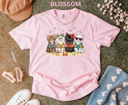 Comfort Colors Summer Cat Shirt Beach Cat Lover Shirt For Women Youth Kids Cute Cat Tee Vacation Tropical Cat Shirt
