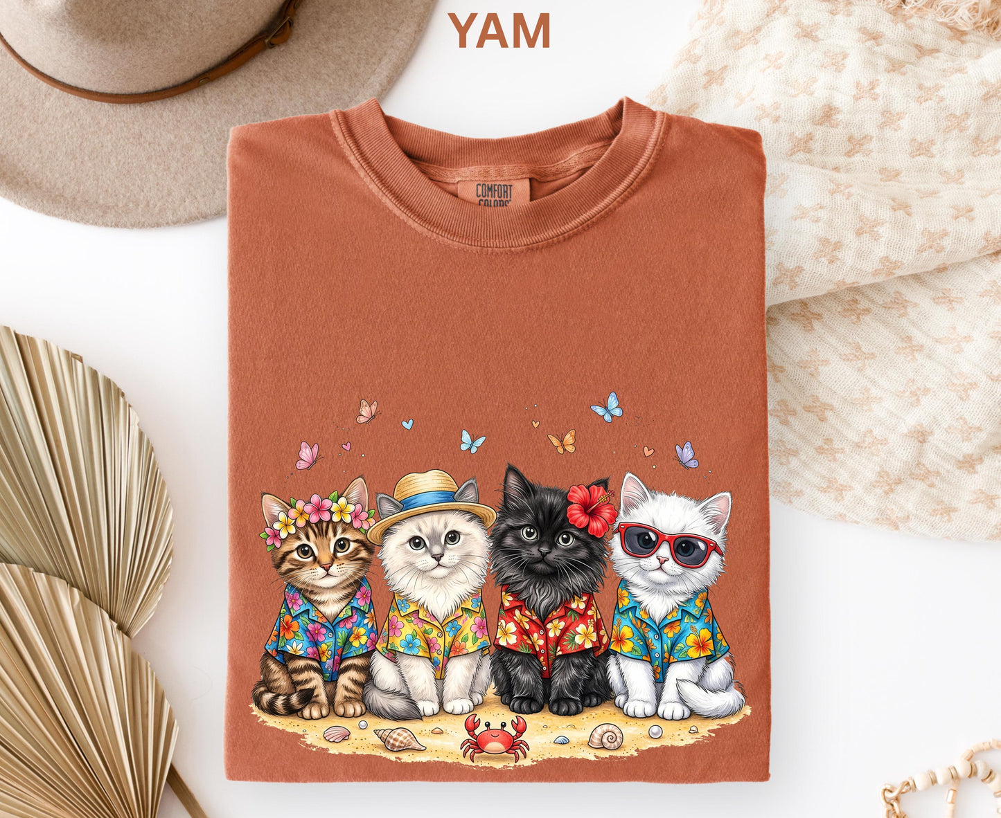 Comfort Colors Summer Cat Shirt Beach Cat Lover Shirt For Women Youth Kids Cute Cat Tee Vacation Tropical Cat Shirt