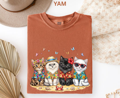 Comfort Colors Summer Cat Shirt Beach Cat Lover Shirt For Women Youth Kids Cute Cat Tee Vacation Tropical Cat Shirt