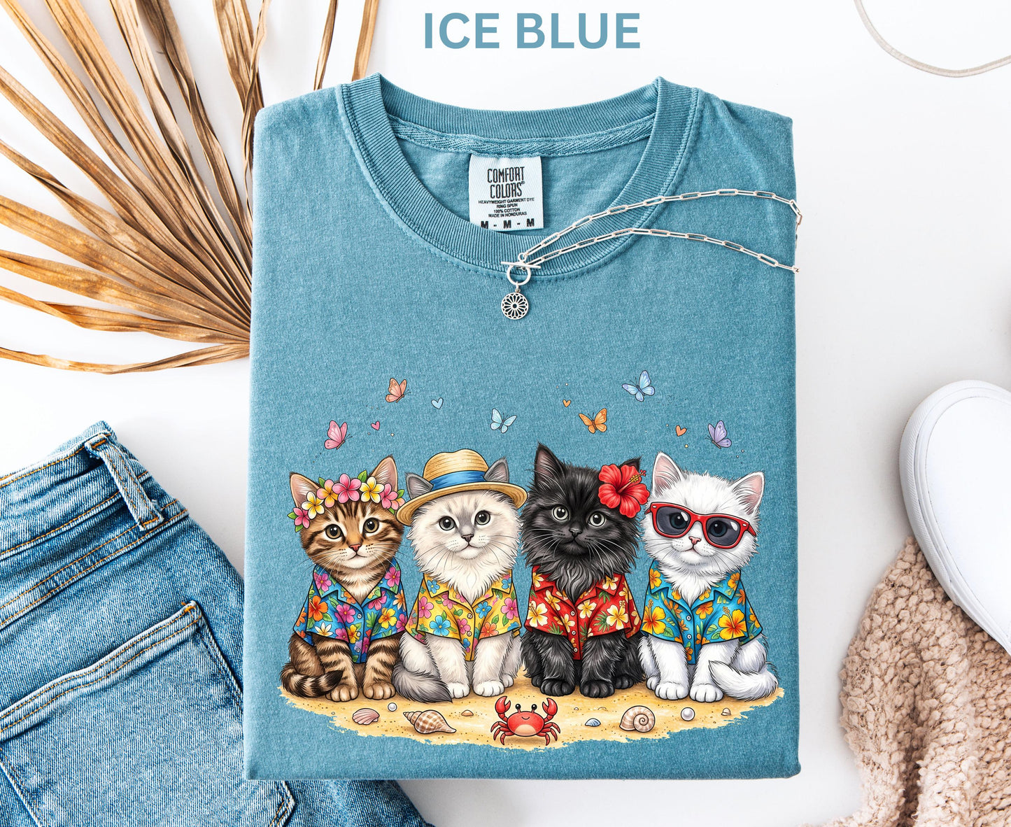 Comfort Colors Summer Cat Shirt Beach Cat Lover Shirt For Women Youth Kids Cute Cat Tee Vacation Tropical Cat Shirt