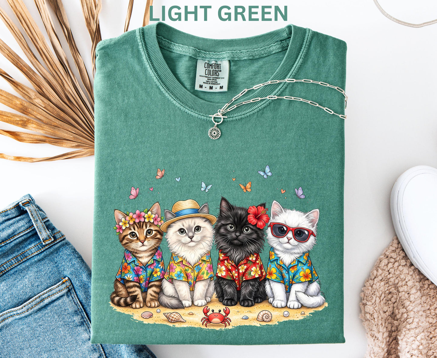 Comfort Colors Summer Cat Shirt Beach Cat Lover Shirt For Women Youth Kids Cute Cat Tee Vacation Tropical Cat Shirt
