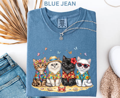 Comfort Colors Summer Cat Shirt Beach Cat Lover Shirt For Women Youth Kids Cute Cat Tee Vacation Tropical Cat Shirt