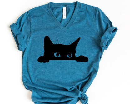 Cat Owner V-Neck Shirt: Black Kitty Design (Soft Cotton)