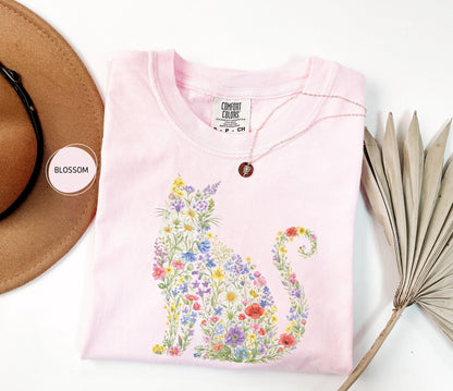 Comfort Colors Floral Cat Tee, Cat Mom Gift, Animal Lover Shirt