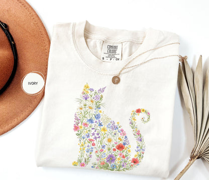 Comfort Colors Floral Cat Tee, Cat Mom Gift, Animal Lover Shirt