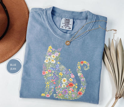 Comfort Colors Floral Cat Tee, Cat Mom Gift, Animal Lover Shirt