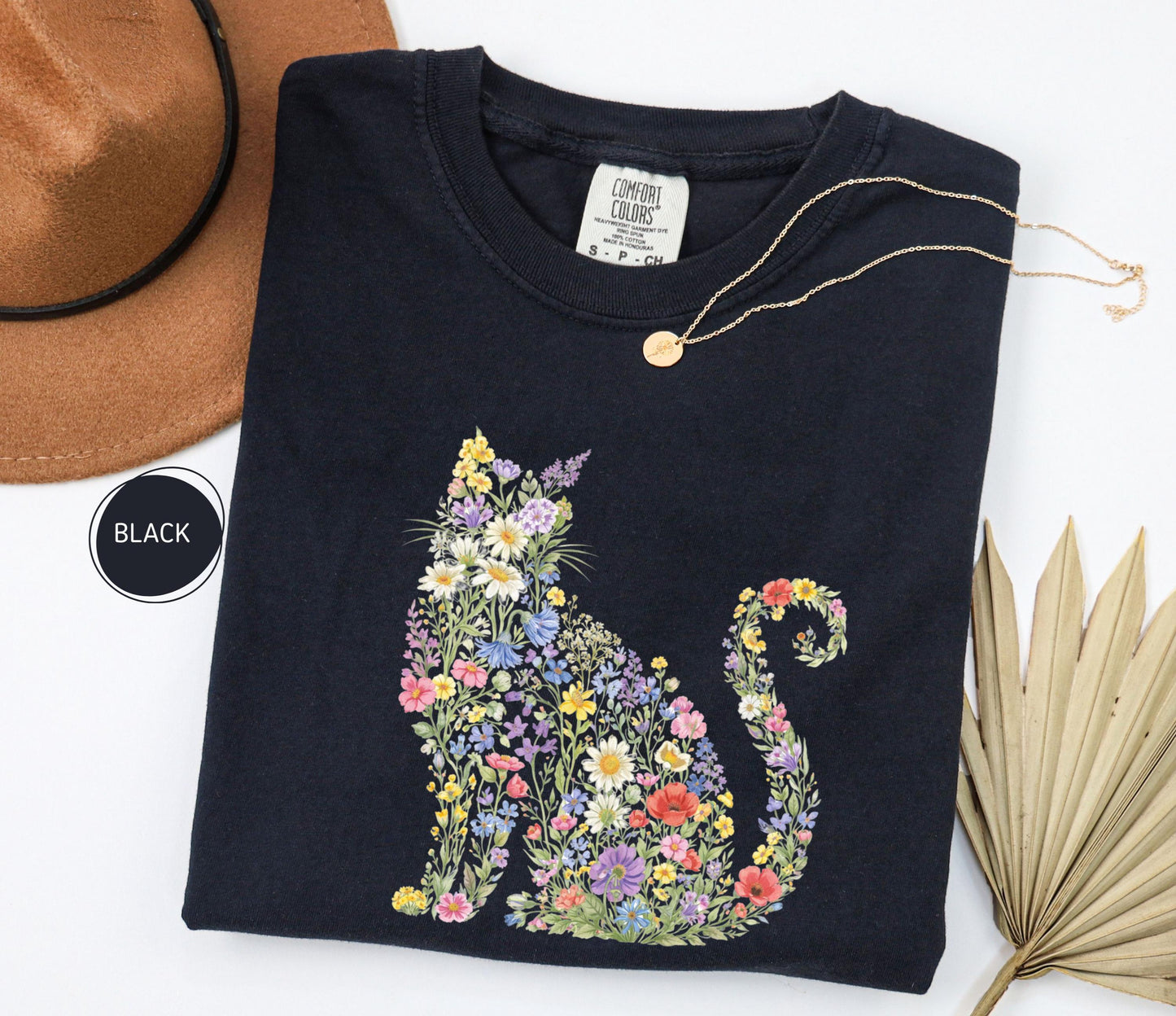 Comfort Colors Floral Cat Tee, Cat Mom Gift, Animal Lover Shirt