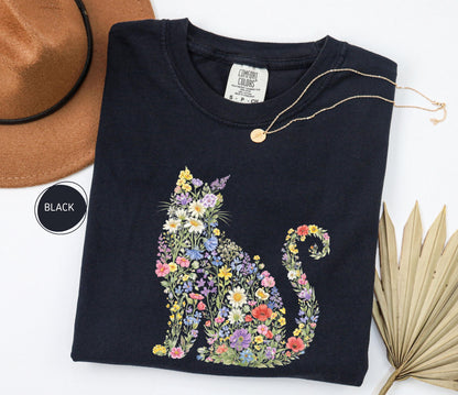 Comfort Colors Floral Cat Tee, Cat Mom Gift, Animal Lover Shirt