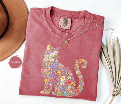 Comfort Colors Floral Cat Tee, Cat Mom Gift, Animal Lover Shirt