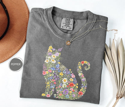 Comfort Colors Floral Cat Tee, Cat Mom Gift, Animal Lover Shirt