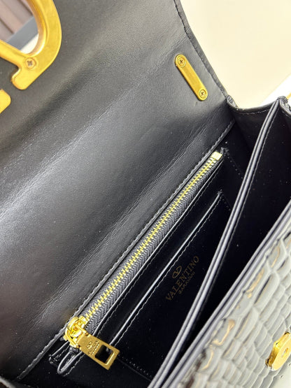 Valentino Vain Small Shoulder Bag Black Embossed Leather Pattern