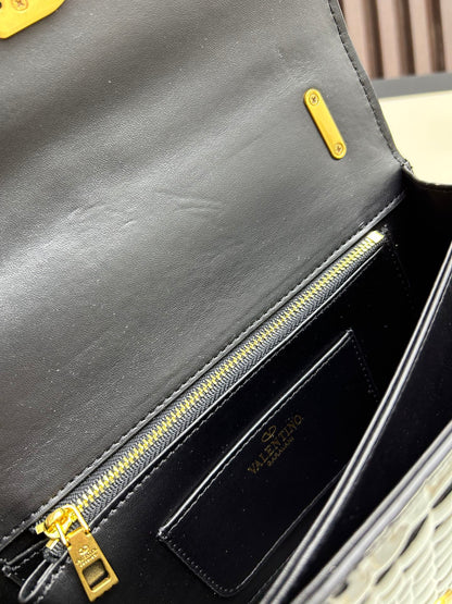 Valentino Vain Shoulder Bag Black Embossed Leather Pattern