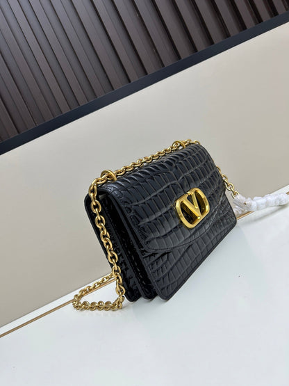 Valentino Vain Shoulder Bag Black Embossed Leather Pattern